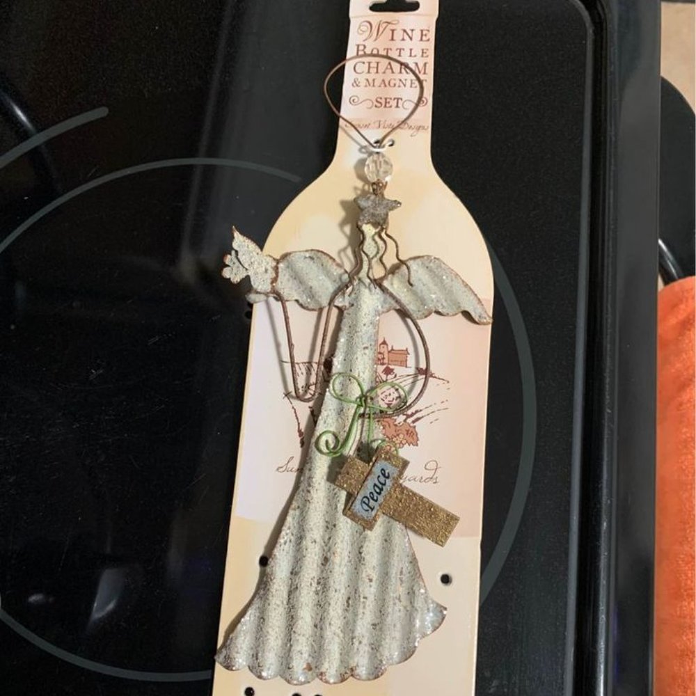Angel Wine Bottle Charm and Magnet holding Peace Cross. Metal. New